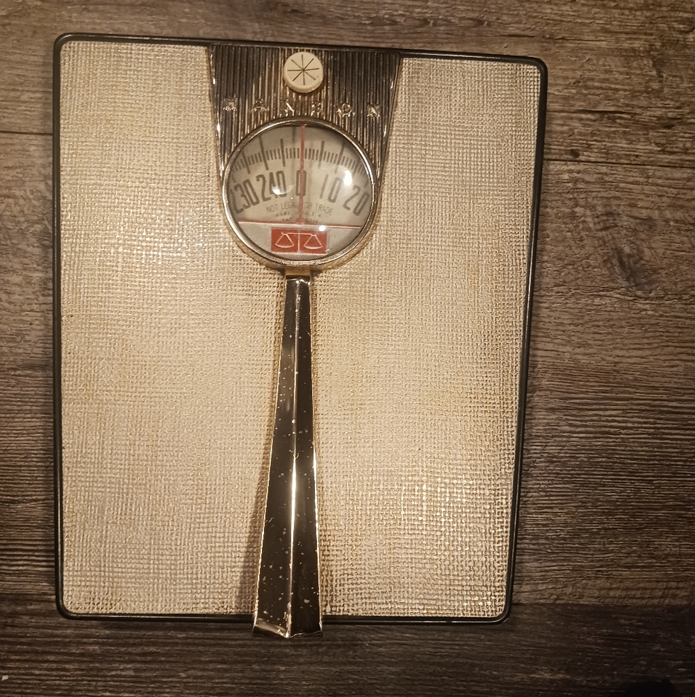 50s Vtg Atomic Age Bathroom Scale Works  Gold Bar Jetson Handle Futurism Hanson